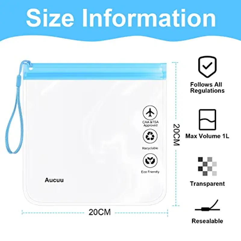 Aucuu Buste da Viaggio per Liquidi, 4 Pezzi 20 x 20cm Buste per Liquidi Aereo, Borse da Viaggio Trasparente, Aereo Bustine Trasparenti Impermeabile, Trucco Portatili per Vacanze in Viaggio miniatura 2