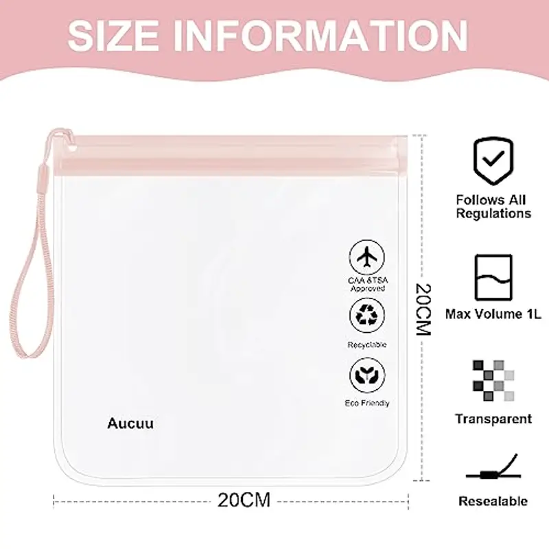 Aucuu Buste da Viaggio per Liquidi, 4 Pezzi 20 x 20cm Buste per Liquidi Aereo, Borse da Viaggio Trasparente, Aereo Bustine Trasparenti Impermeabile, Trucco Portatili per Vacanze in Viaggio miniatura 2