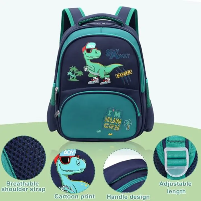 Auirshiky Piccolo zaino dinosauro per bambini con cintura toracica, zaino per bambini e ragazzi, impermeabile per la scuola materna (dinosauro verde) (Mail Blue) miniatura 3