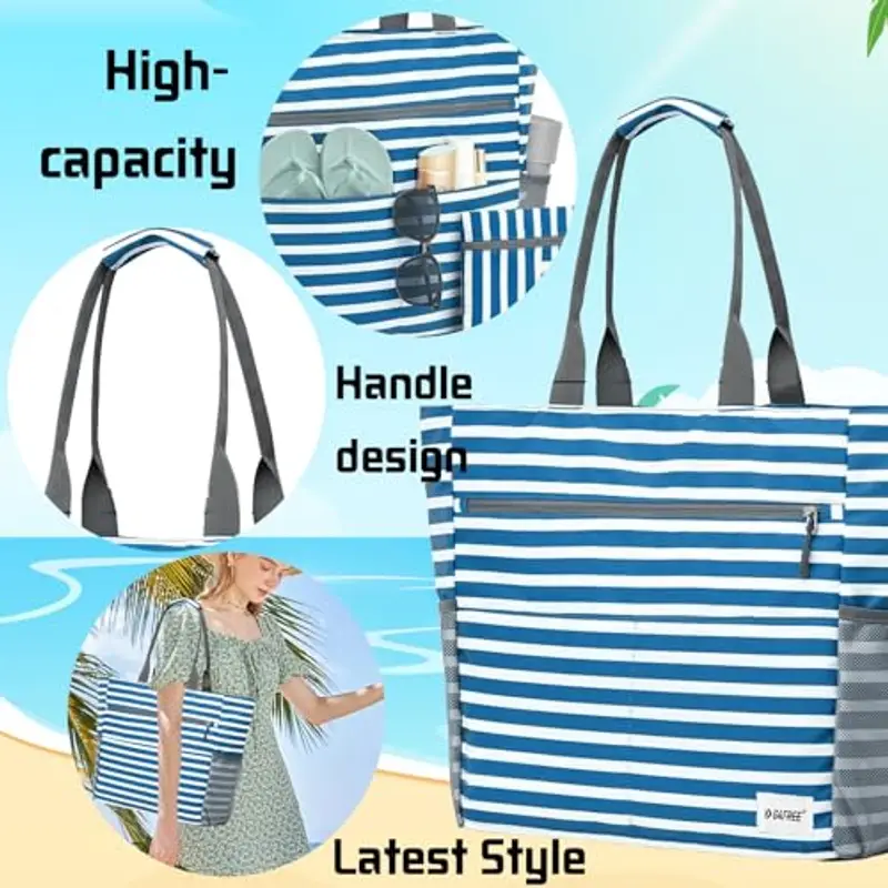 AUNGKWANG 2 Pezzi Borsa Mare Donna, Grande e Piccola Borsa Spiaggia Donna Impermeabile per Spiaggia, Viaggio, Vacanza, Piscina, Shopping e Uso Quotidiano, Blu miniatura 3