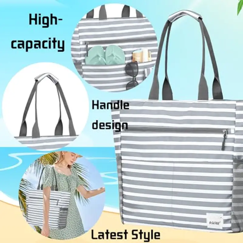 AUNGKWANG 2 Pezzi Borsa Mare Donna, Grande e Piccola Borsa Spiaggia Donna Impermeabile per Spiaggia, Viaggio, Vacanza, Piscina, Shopping e Uso Quotidiano, Grigio miniatura 3