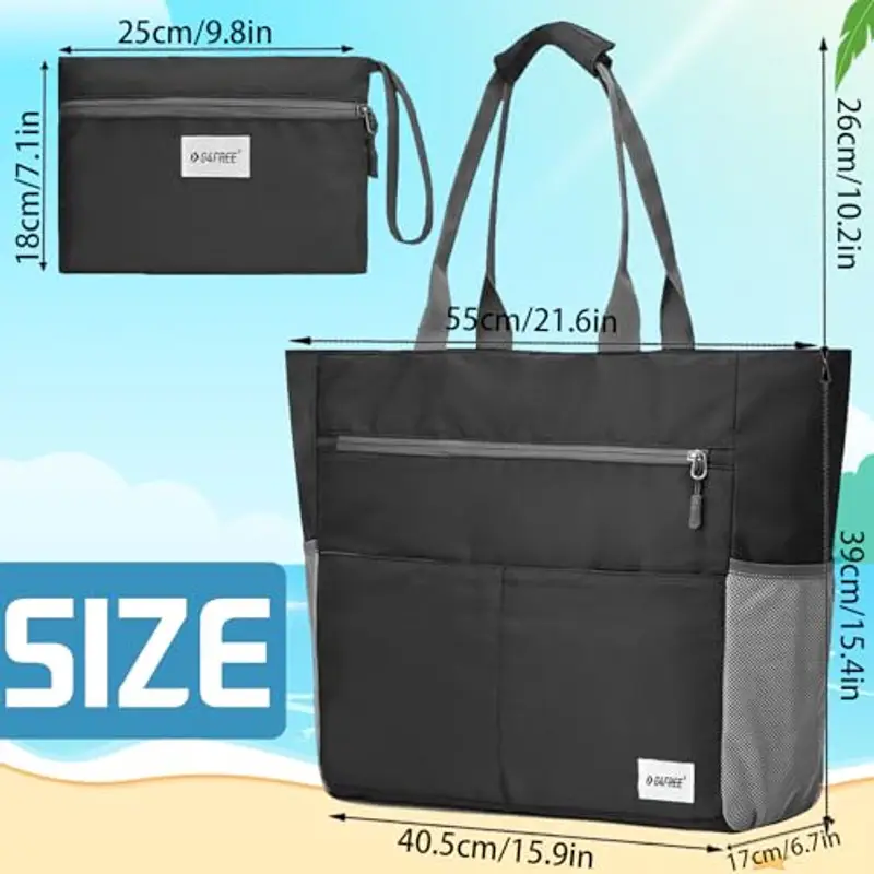 AUNGKWANG 2 Pezzi Borsa Mare Donna, Grande e Piccola Borsa Spiaggia Donna Impermeabile per Spiaggia, Viaggio, Vacanza, Piscina, Shopping e Uso Quotidiano, Nero miniatura 2