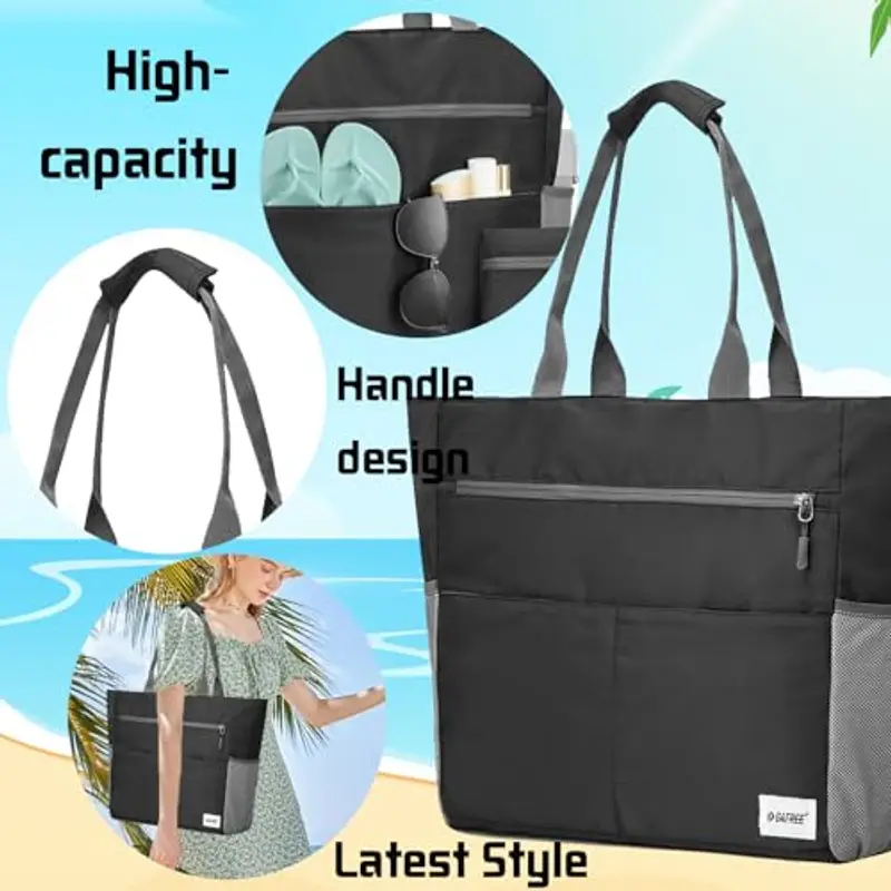 AUNGKWANG 2 Pezzi Borsa Mare Donna, Grande e Piccola Borsa Spiaggia Donna Impermeabile per Spiaggia, Viaggio, Vacanza, Piscina, Shopping e Uso Quotidiano, Nero miniatura 3