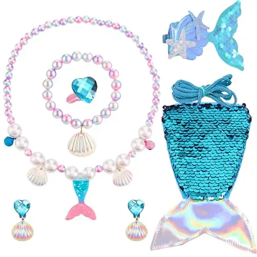 AUNGKWANG 7 Pezzi Mermaid Princess Dress Up Set, Gioielli a Sirena, Gioielli a Sirena per Bambini, Set di Collana