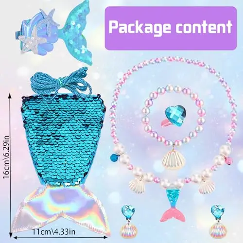 AUNGKWANG 7 Pezzi Mermaid Princess Dress Up Set, Gioielli a Sirena, Gioielli a Sirena per Bambini, Set di Collana miniatura 2