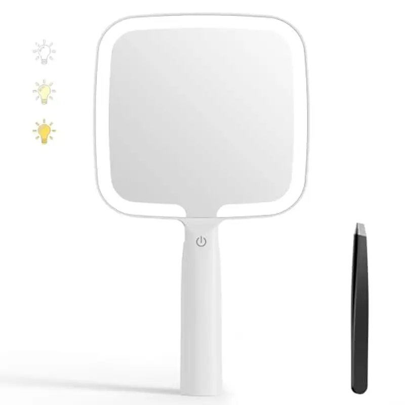 Auxmir Specchio a Mano LED, Specchio Trucco con Luci, 50 LED e 3 Colori di Luci, Luminosità Regaolabile, Controllo Tatile, Specchio Portatile con Maniglia Comoda per Salone, Parrucchiere, Barbiere