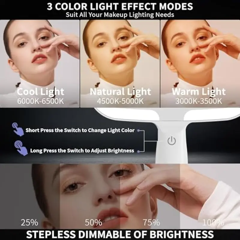 Auxmir Specchio a Mano LED, Specchio Trucco con Luci, 50 LED e 3 Colori di Luci, Luminosità Regaolabile, Controllo Tatile, Specchio Portatile con Maniglia Comoda per Salone, Parrucchiere, Barbiere miniatura 2