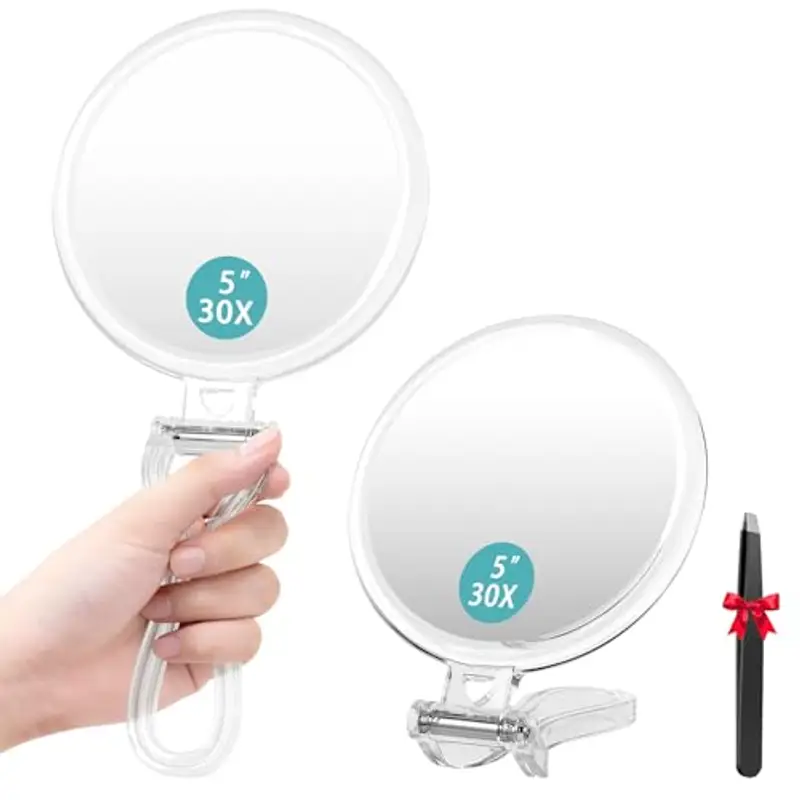 Auxmir Specchio Ingranditore Bifacciale 1X/30X, Specchio Trucco con Manico, Specchio Portatile da Viaggio, Pieghevole, Compatto, Appendibile, Specchio a Mano per Trucco, Cura del Viso