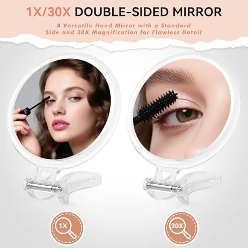 Auxmir Specchio Ingranditore Bifacciale 1X/30X, Specchio Trucco con Manico, Specchio Portatile da Viaggio, Pieghevole, Compatto, Appendibile, Specchio a Mano per Trucco, Cura del Viso miniatura 3