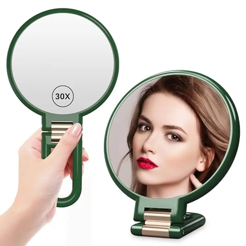 Auxmir Specchio Ingranditore Bifacciale 30X/1X, Specchio a Mano 14CM, Alta Definizione, Portatile, Pieghevole,