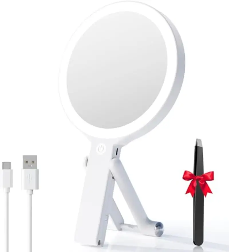 Auxmir Specchio Trucco con Luci LED, Specchio Ingranditore Bifacciale 30X/1X, 3 Colori Regolabile, Specchio da Tavolo