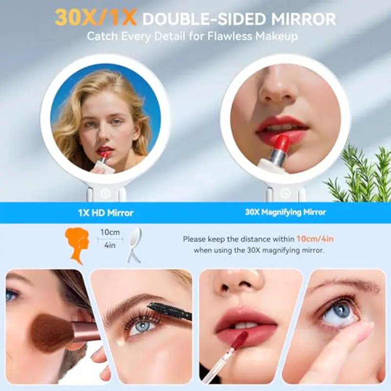 Auxmir Specchio Trucco con Luci LED, Specchio Ingranditore Bifacciale 30X/1X, 3 Colori Regolabile, Specchio da Tavolo miniatura 3