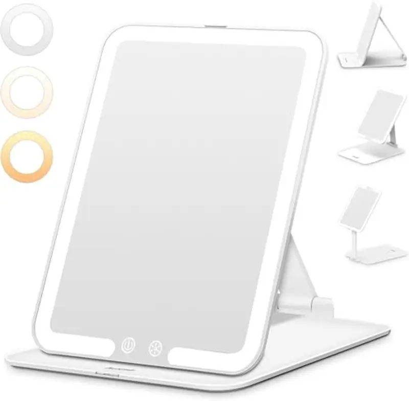 Auxmir Specchio Trucco con Luci Ricaricabile, 3 Modalità di Luci Luminosità Regolabile, Specchio Trucco Pieghevole