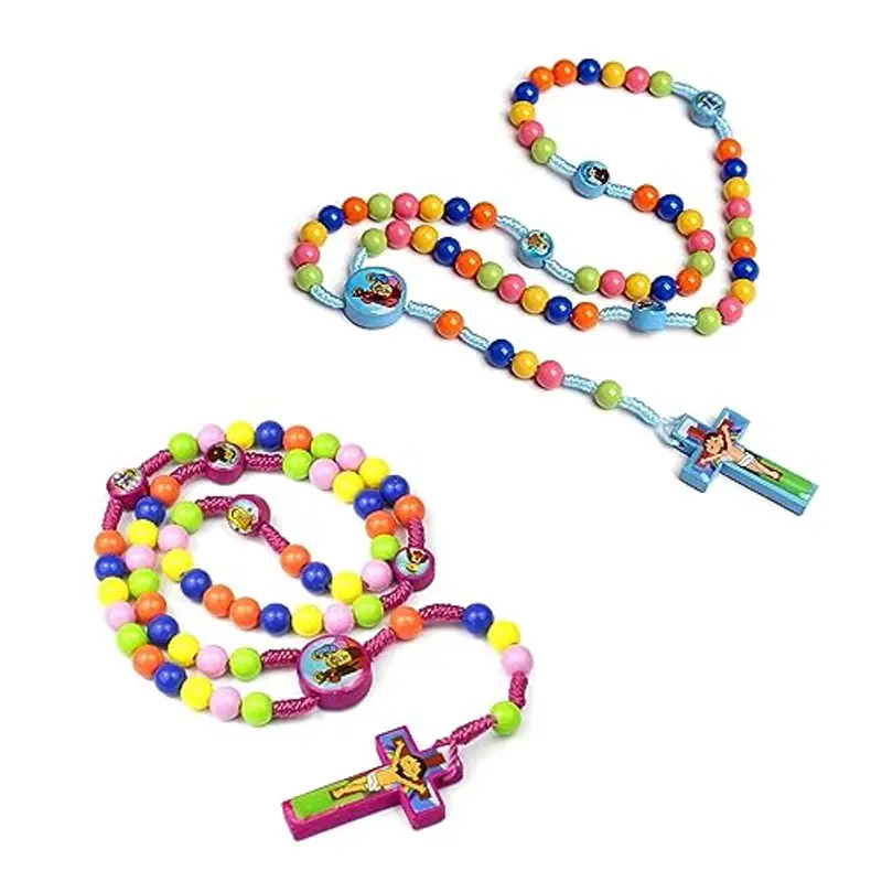 Avejjbaey Collana con rosario a forma di croce in stile cartone animato, fatta a mano, con perline rotonde colorate, per bambini, ragazze, ragazzi, bambini, preghiera cattolica, rosario miniatura 2