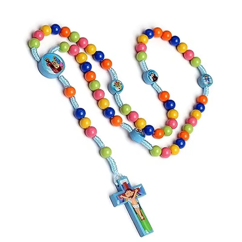 Avejjbaey Collana con rosario a forma di croce in stile cartone animato, fatta a mano, con perline rotonde colorate, per bambini, ragazze, ragazzi, bambini, preghiera cattolica, rosario miniatura 3
