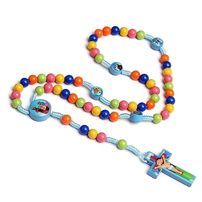 Avejjbaey Collana con rosario a forma di croce in stile cartone animato, fatta a mano, con perline rotonde colorate, per bambini, ragazze, ragazzi, bambini, preghiera cattolica, rosario