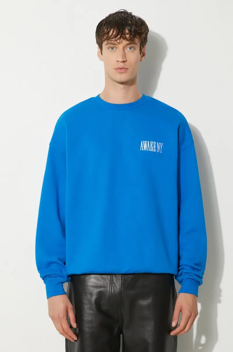 felpa in cotone Awake Crewneck uomo colore blu con applicazione SP24-CN002