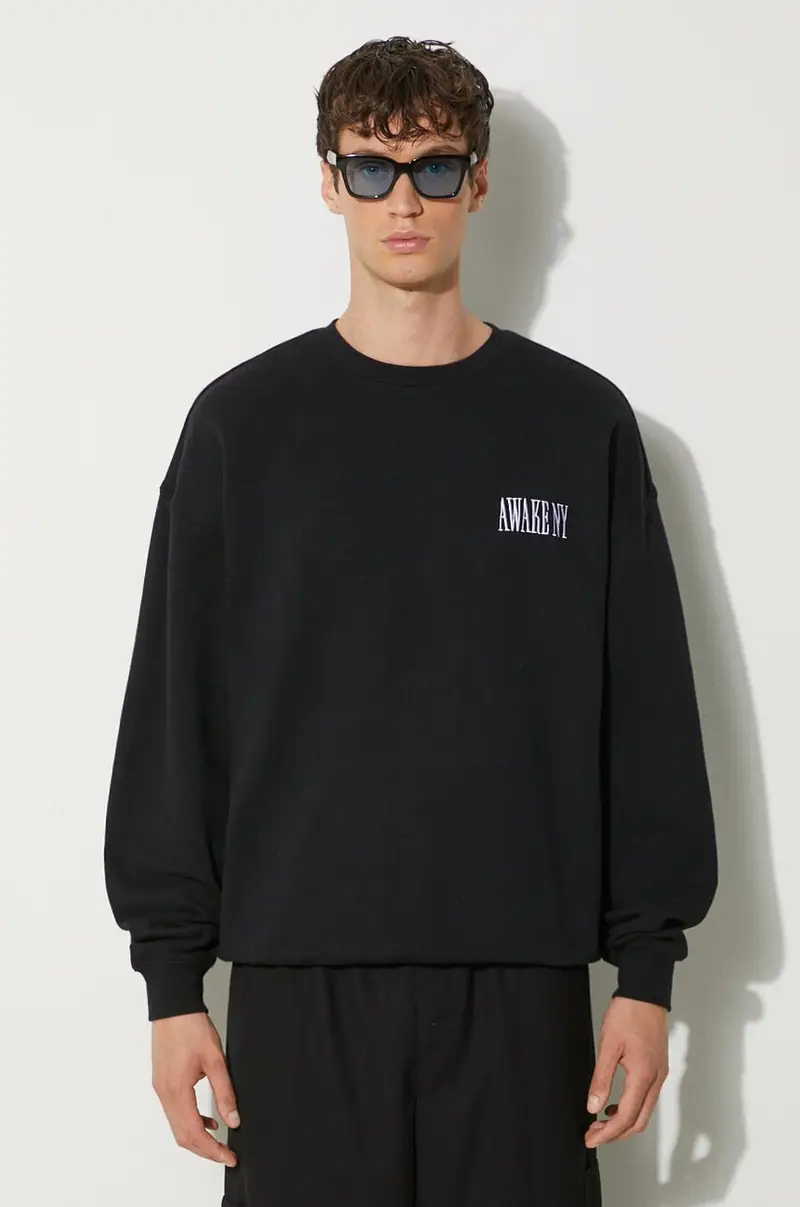 felpa in cotone Awake Crewneck uomo colore nero con applicazione SP24-CN002