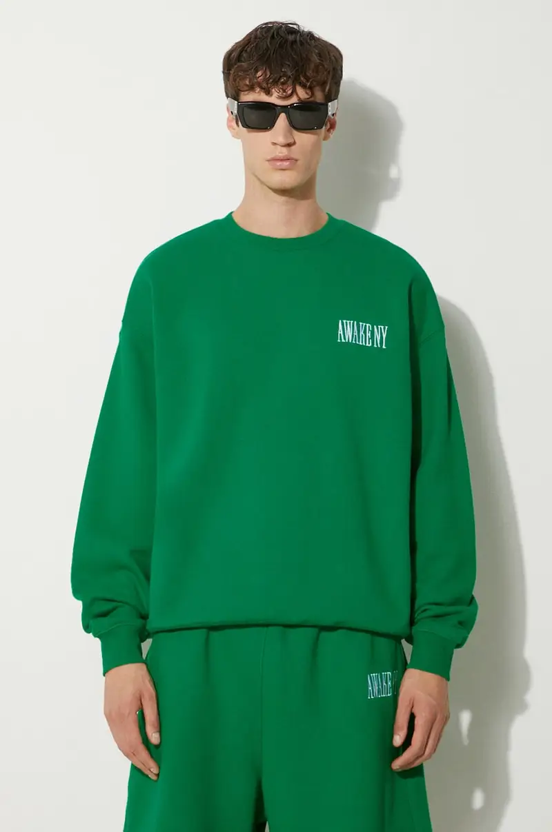 felpa in cotone Awake Crewneck uomo colore verde con applicazione SP24-CN002