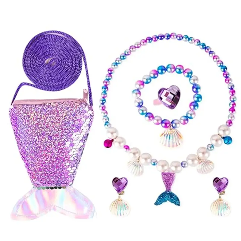 AYNKH Mermaid Jewelry Bag regalo per le ragazze, collana orecchini bracciale anello bambina obliqua borsa a tracolla set, principessa cosplay dress up birthday party accessori