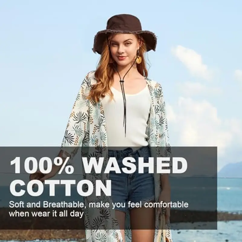 AYPOW Cappello Pescatore Donna Estivo, Moda Cappello da Sole Cotone a Tesa Larga Pieghevole, UV Protezione Cappellino a Secchiello Bucket Hat da Esterno per Spiaggia All'aperto Trekking miniatura 2