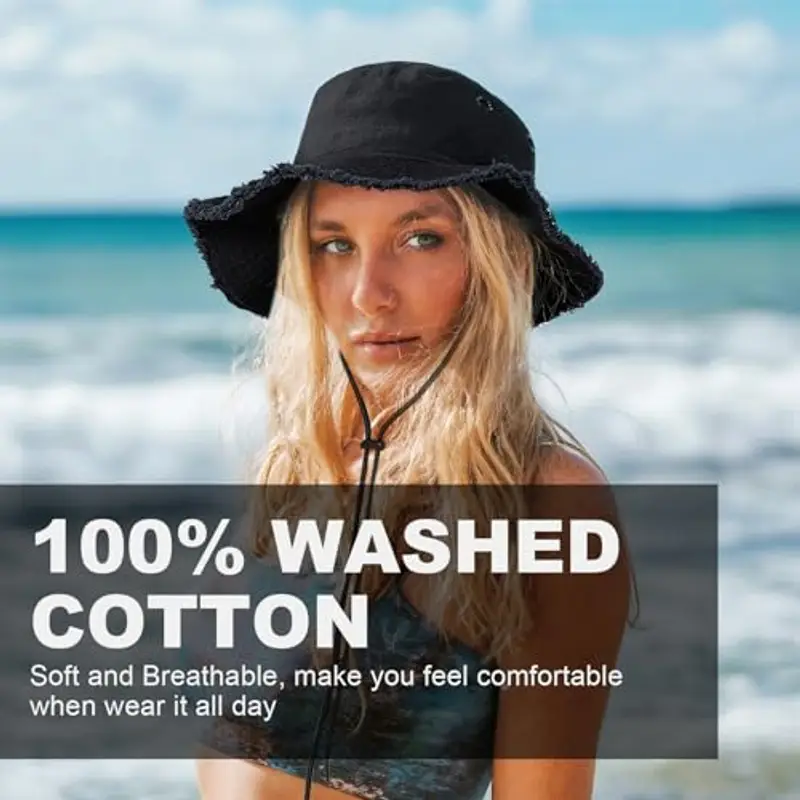 AYPOW Cappello Pescatore Donna Estivo, Moda Cappello da Sole Cotone a Tesa Larga Pieghevole, UV Protezione Cappellino a Secchiello Bucket Hat da Esterno per Spiaggia All'aperto Trekking miniatura 2