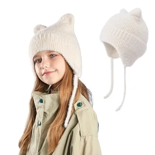 AYPOW Carino Orecchie di Gatto Caldo Berretto a Maglia per Bambini 3 ai 12 Anni, Invernale Copriorecchie Cappello,