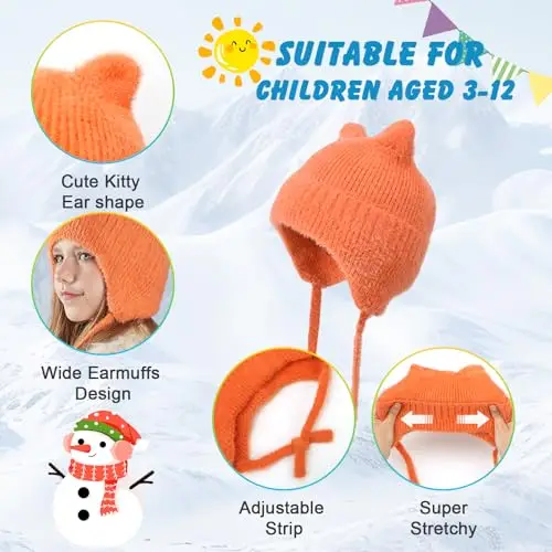 AYPOW Carino Orecchie di Gatto Caldo Berretto a Maglia per Bambini 3 ai 12 Anni, Invernale Copriorecchie Cappello miniatura 3