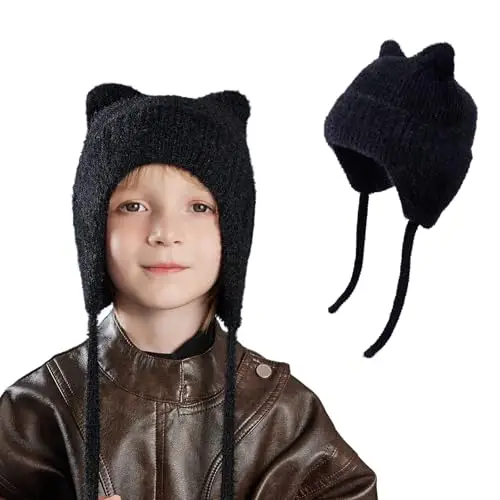 AYPOW Carino Orecchie di Gatto Caldo Berretto a Maglia per Bambini 3 ai 12 Anni, Invernale Copriorecchie Cappello,