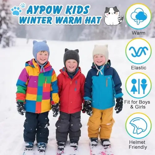 AYPOW Carino Orecchie di Gatto Caldo Berretto a Maglia per Bambini 3 ai 12 Anni, Invernale Copriorecchie Cappello miniatura 2