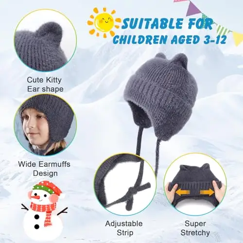 AYPOW Carino Orecchie di Gatto Caldo Berretto a Maglia per Bambini 3 ai 12 Anni, Invernale Copriorecchie Cappello miniatura 3