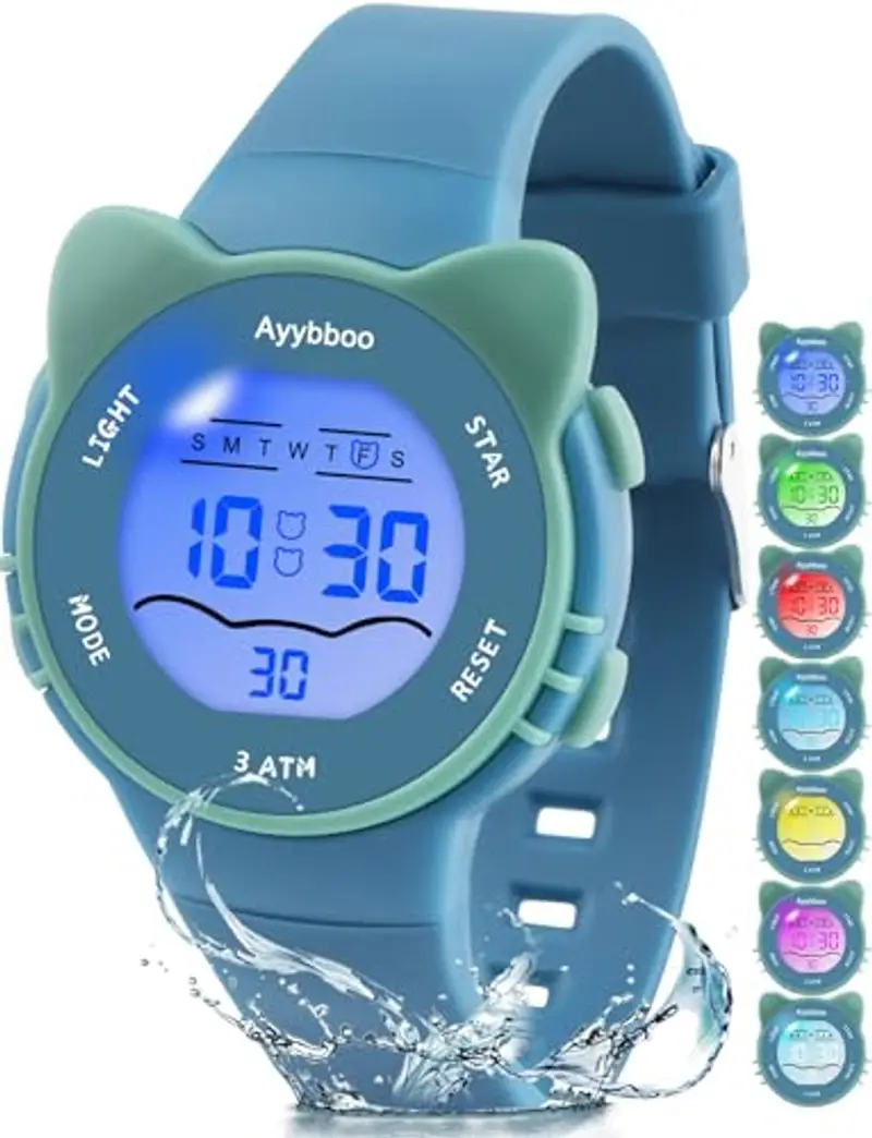 Ayybboo Orologio Bambino con 7 Luci Colorate,Orologio Digitale per Bambini Impermeabile 3ATM per Ragazze e Ragazzi 4 a 12 Anni Regalo (Blu)