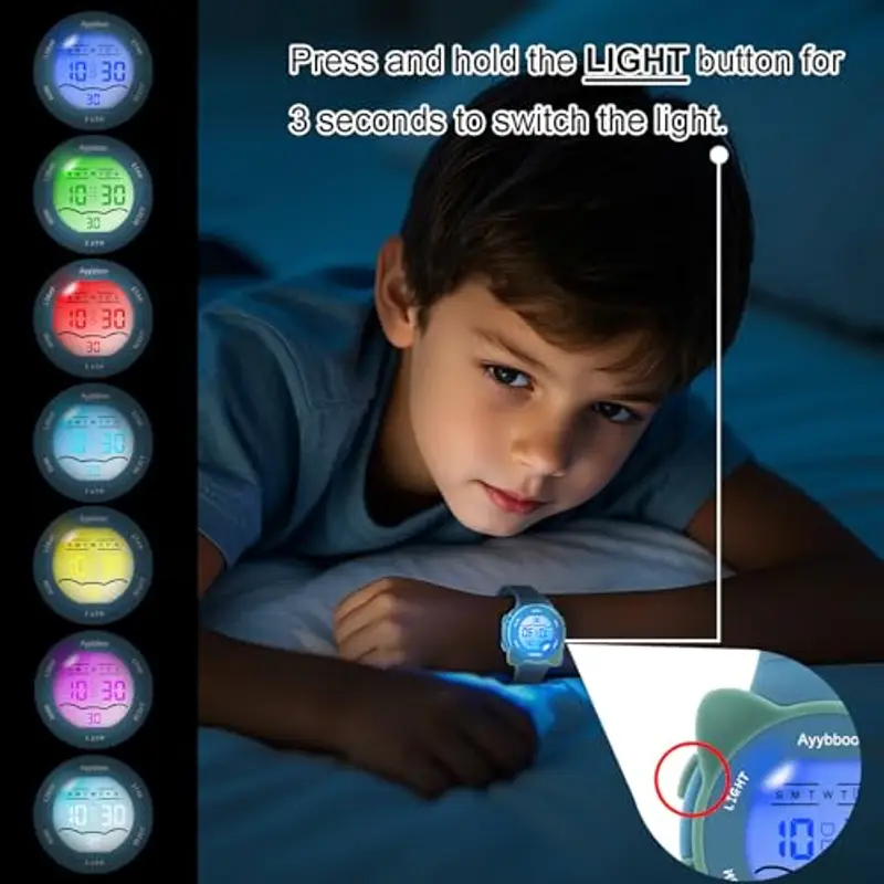 Ayybboo Orologio Bambino con 7 Luci Colorate, Orologio Digitale per Bambini Impermeabile 3ATM per Ragazze e Ragazzi 4 a 12 Anni Regalo (Blu) miniatura 2