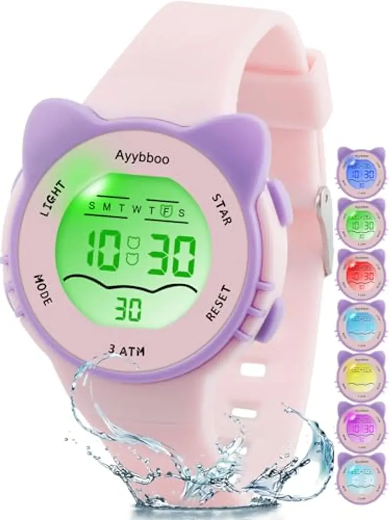 Ayybboo Orologio Bambino con 7 Luci Colorate,Orologio Digitale per Bambini Impermeabile 3ATM per Ragazze e Ragazzi 4 a 12 Anni Regalo (Rosa)