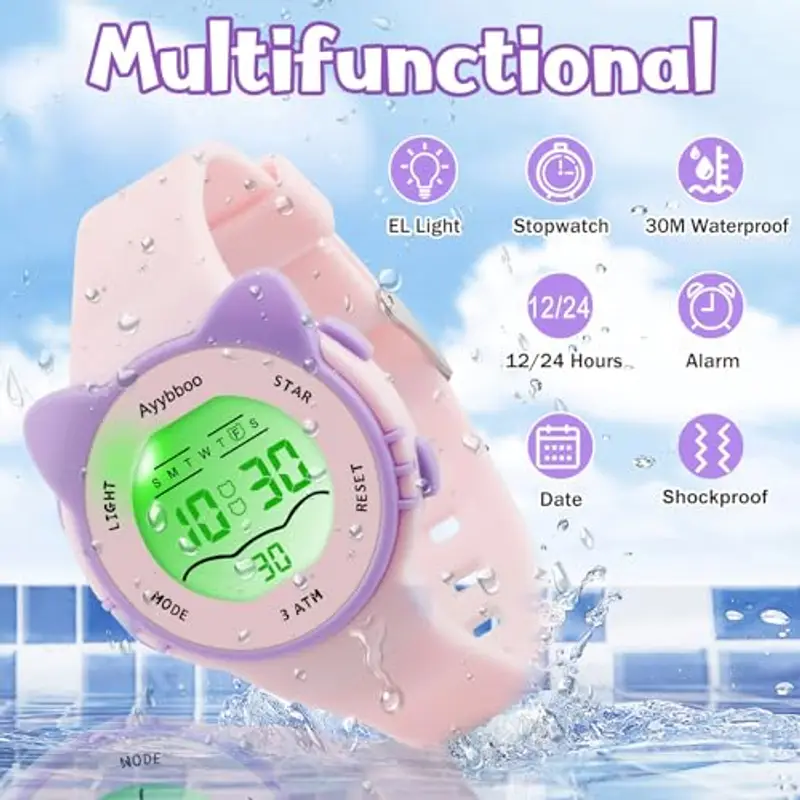 Ayybboo Orologio Bambino con 7 Luci Colorate, Orologio Digitale per Bambini Impermeabile 3ATM per Ragazze e Ragazzi 4 a 12 Anni Regalo (Rosa) miniatura 2