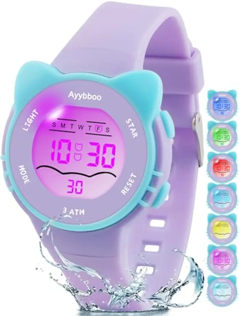 Ayybboo Orologio Bambino con 7 Luci Colorate,Orologio Digitale per Bambini Impermeabile 3ATM per Ragazze e Ragazzi 4 a 12 Anni Regalo (Viola)