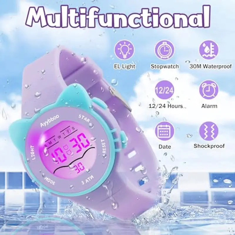Ayybboo Orologio Bambino con 7 Luci Colorate, Orologio Digitale per Bambini Impermeabile 3ATM per Ragazze e Ragazzi 4 a 12 Anni Regalo (Viola) miniatura 2