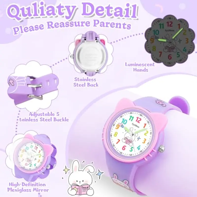Ayybboo Orologio Bambino, Orologio da Polso Bambini Educativo con Orecchie di Gatto 3D, Impermeabile 30M Orologio miniatura 2