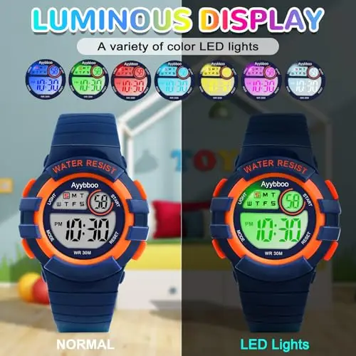 Ayybboo Orologio Digitale Bambino, 7 LED Colorati, 3ATM Impermeabile, Sveglia/Cronometro/Data, Orologio Sportivo da Polso miniatura 2