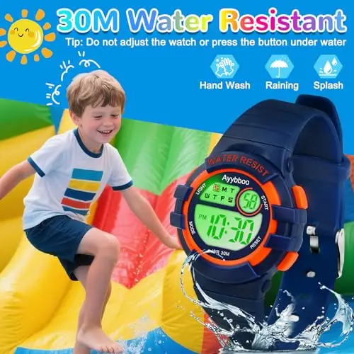 Ayybboo Orologio Digitale Bambino, 7 LED Colorati, 3ATM Impermeabile, Sveglia/Cronometro/Data, Orologio Sportivo da Polso miniatura 3
