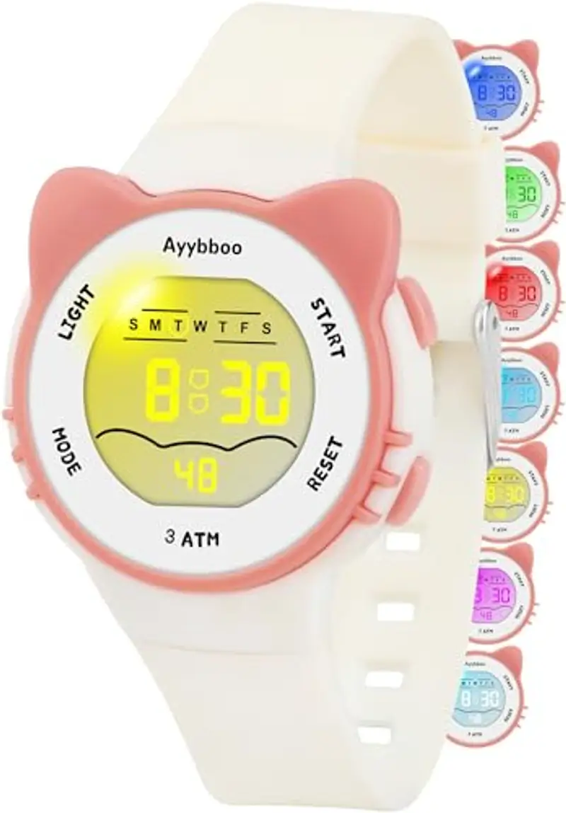 Ayybboo Orologio per Bambini, Orologio Illuminato a 7 Colori,Orologio Digitale per Bambini Impermeabile 3ATM per Bambini e Bambine da 4 a 12 Anni (Bianco)