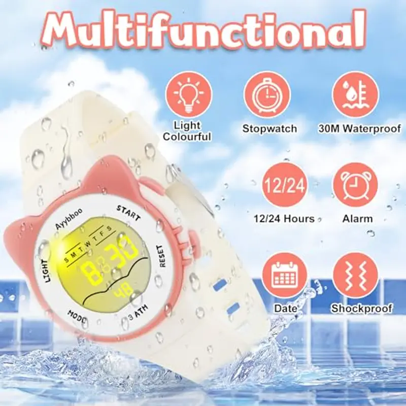 Ayybboo Orologio per Bambini, Orologio Illuminato a 7 Colori, Orologio Digitale per Bambini Impermeabile 3ATM per Bambini e Bambine da 4 a 12 Anni (Bianco) miniatura 2