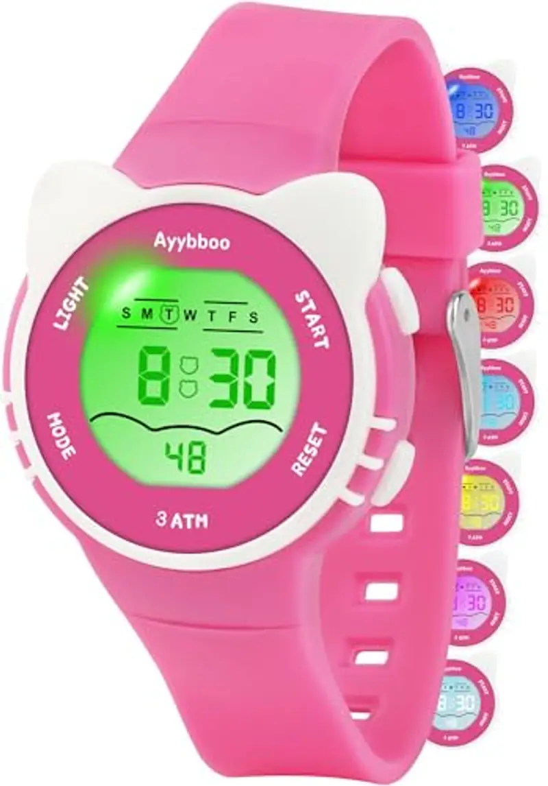 Ayybboo Orologio per Bambini, Orologio Illuminato a 7 Colori,Orologio Digitale per Bambini Impermeabile 3ATM per Bambini e Bambine da 4 a 12 Anni (Rosa Scuro)