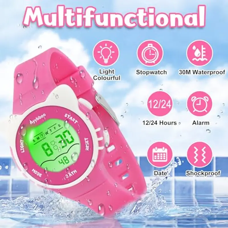 Ayybboo Orologio per Bambini, Orologio Illuminato a 7 Colori, Orologio Digitale per Bambini Impermeabile 3ATM per Bambini e Bambine da 4 a 12 Anni (Rosa Scuro) miniatura 2