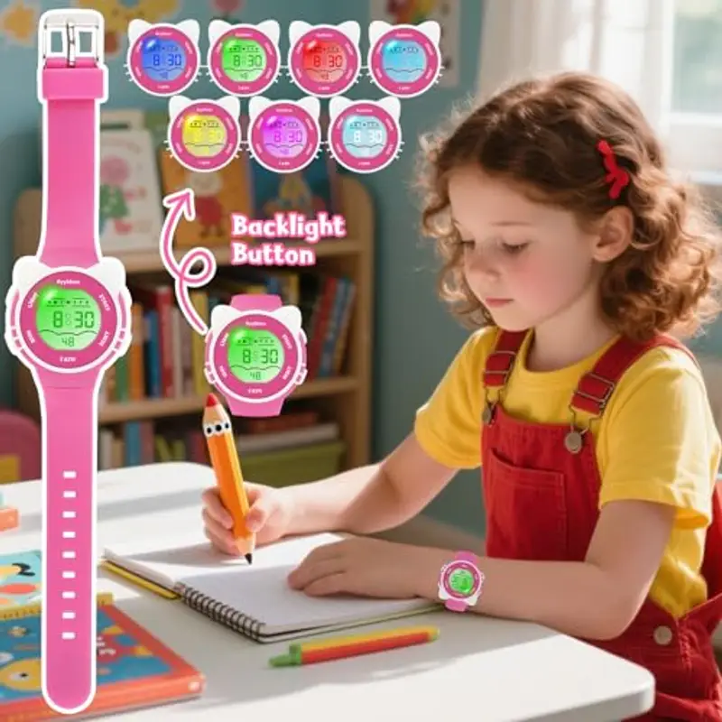 Ayybboo Orologio per Bambini, Orologio Illuminato a 7 Colori, Orologio Digitale per Bambini Impermeabile 3ATM per Bambini e Bambine da 4 a 12 Anni (Rosa Scuro) miniatura 3