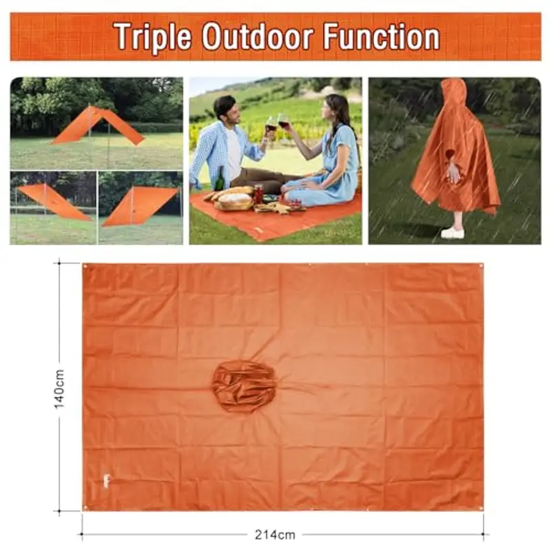 Azeekoom Poncho Impermeabile, Multifunzionale Stuoia Campeggio Coperta da Picnic con Sustodia per All'aperto Picnic Trekking Campeggio Pesca Caccia Escursione(Arancia) miniatura 3