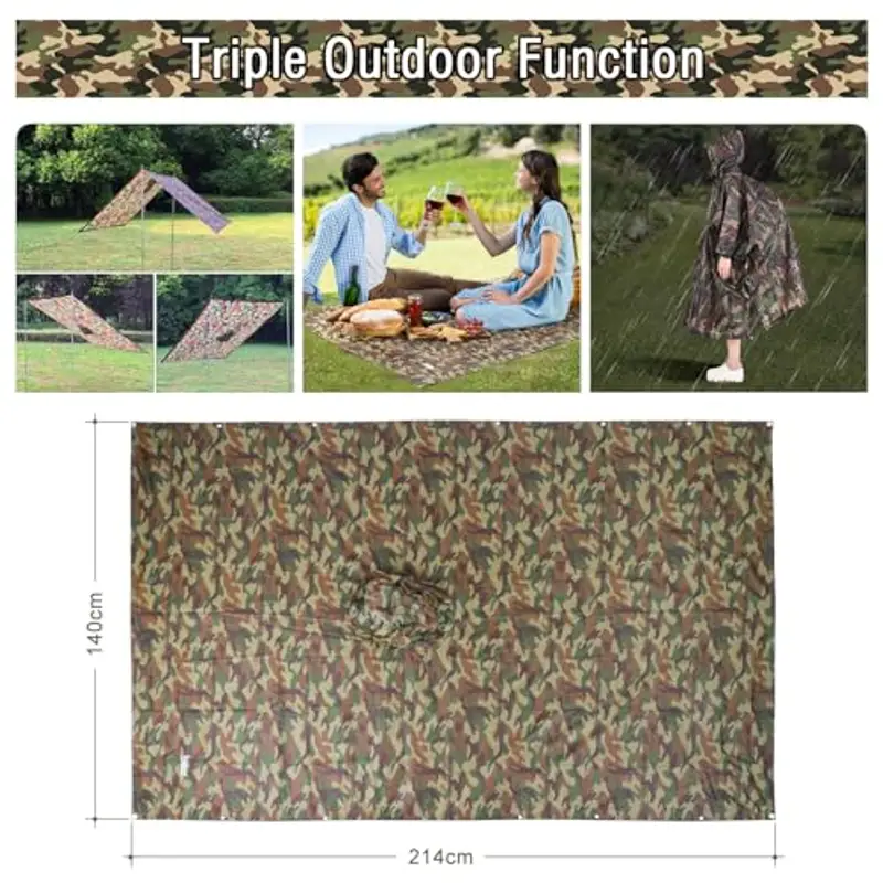 Azeekoom Poncho Impermeabile, Multifunzionale Stuoia Campeggio Coperta da Picnic con Sustodia per All'aperto Picnic Trekking Campeggio Pesca Caccia Escursione miniatura 3
