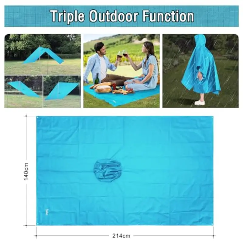 Azeekoom Poncho Impermeabile, Multifunzionale Stuoia Campeggio Coperta da Picnic con Sustodia per All'aperto Picnic Trekking Campeggio Pesca Caccia Escursione (Blu Chiaro) miniatura 3
