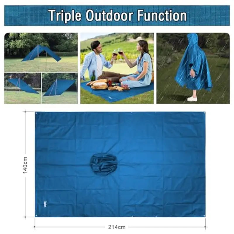 Azeekoom Poncho Impermeabile, Multifunzionale Stuoia Campeggio Coperta da Picnic con Sustodia per All'aperto Picnic Trekking Campeggio Pesca Caccia Escursione (Blu Scuro) miniatura 3