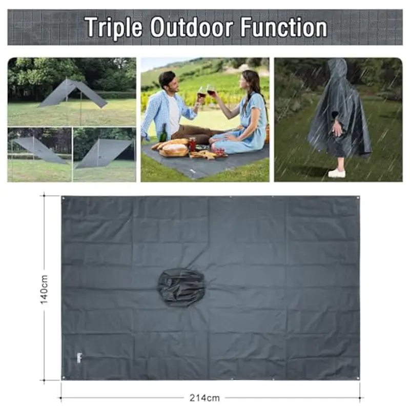 Azeekoom Poncho Impermeabile, Multifunzionale Stuoia Campeggio Coperta da Picnic con Sustodia per All'aperto Picnic Trekking Campeggio Pesca Caccia Escursione(Grigio) miniatura 3
